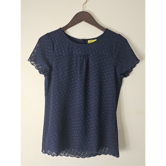 Maeve Tops - Maeve Anthropologie Blouse Top Swiss Dot Scallop Hem, Navy Blue, 2